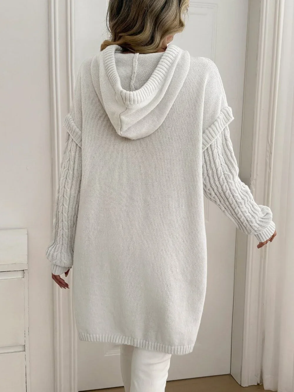 Grey Casual Women's Hooded Cable Knit Patchwork Long Sleeve Mid-Length Sweater